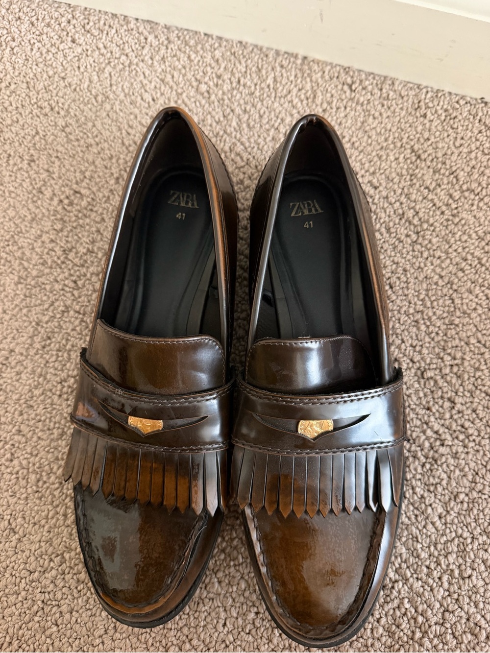 Zara Brown Leather Kiltie Loafers with Gold Accent - Picture 3 of 4